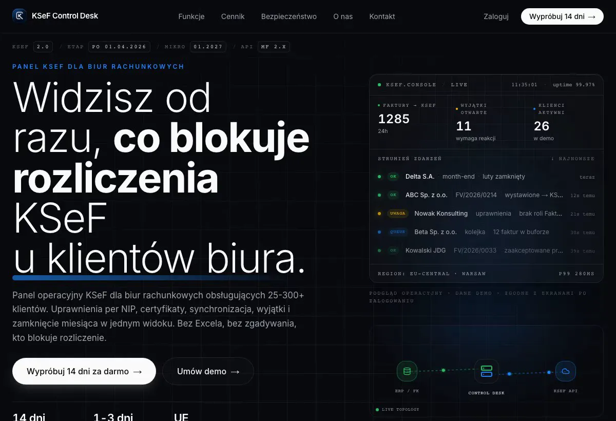 Panel KSeF Control Desk: lista klientów biura i zdarzeń w KSeF