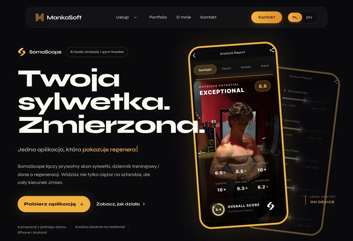 Strona produktu SomaScope z ekranem raportu sylwetki