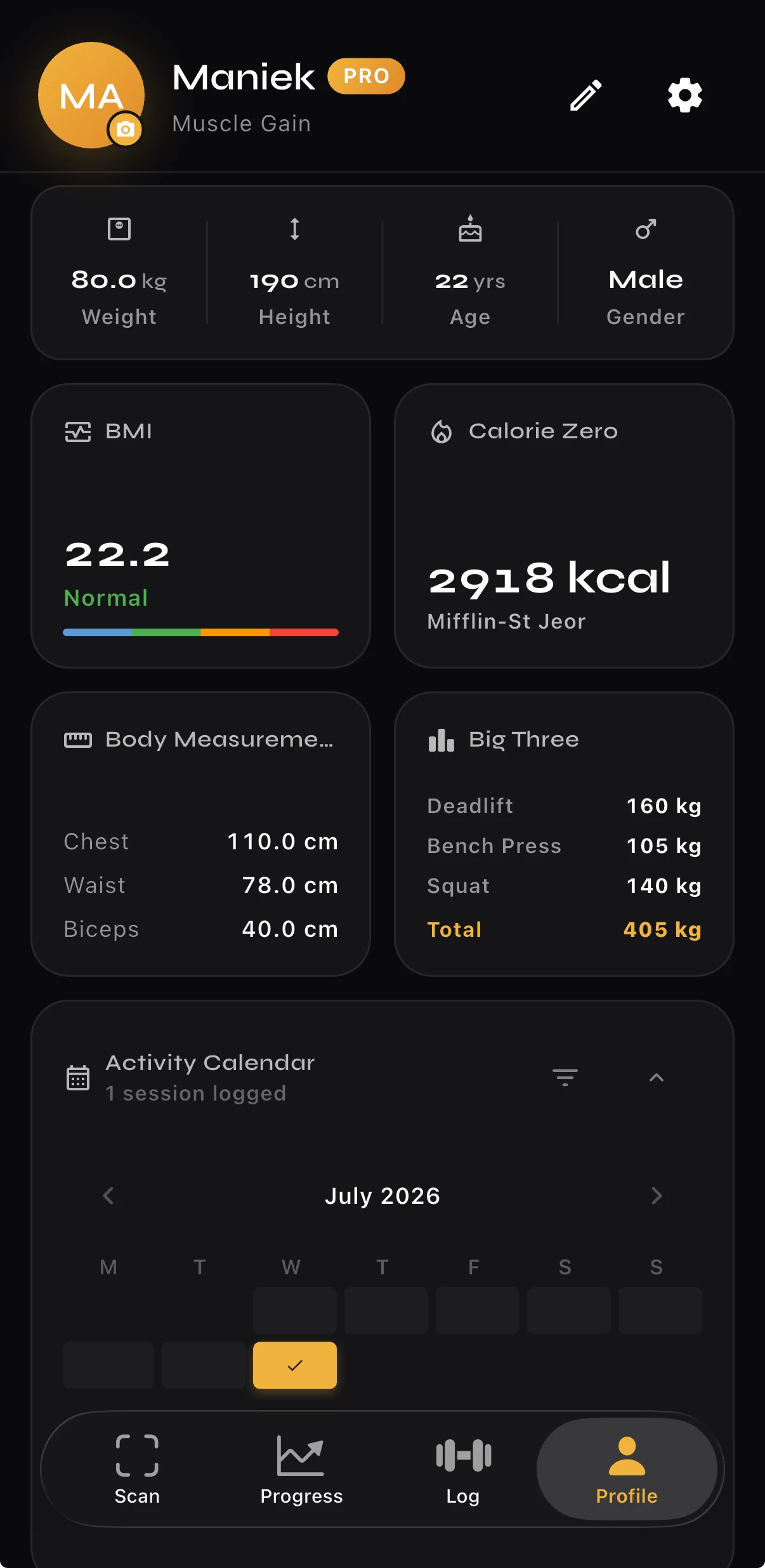 Profile dashboard with BMI, TDEE, and measurements